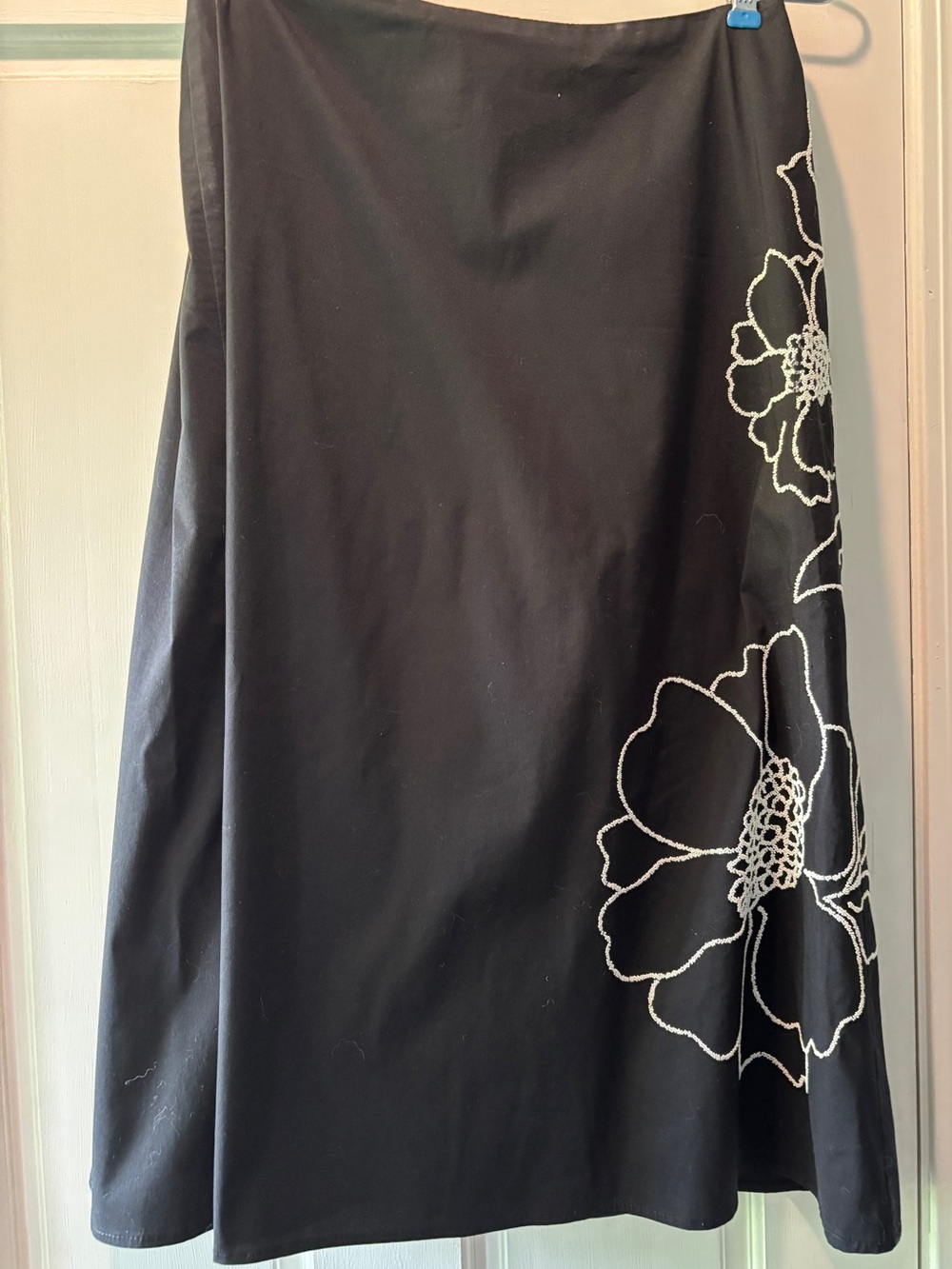 White House Black Market Black A-Line Skirt with White Floral Beaded Embroidery